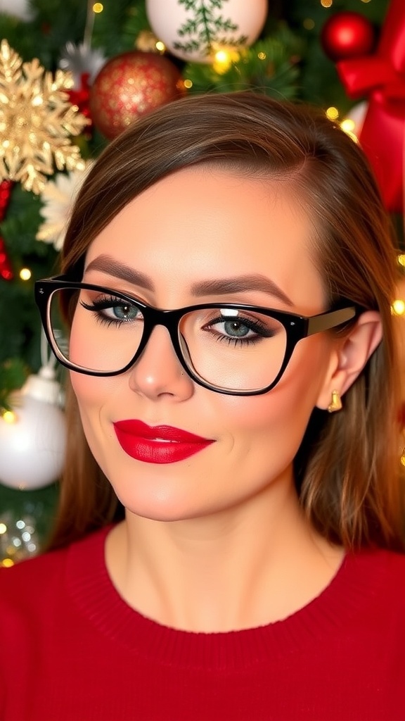 A model with festive makeup for glasses, showcasing bold eyeshadow and a classic red lip against a Christmas-themed backdrop.
